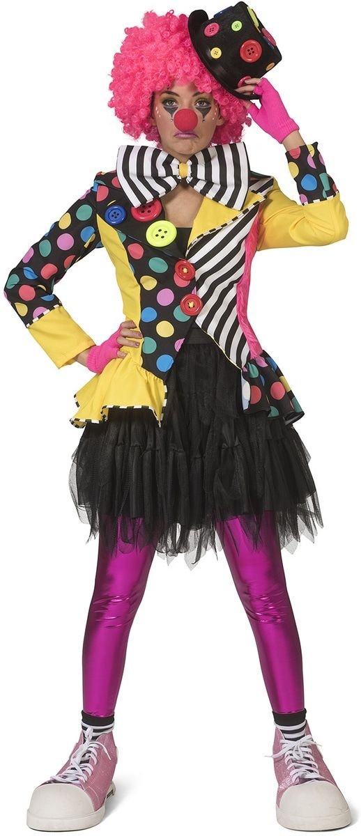 Clown & Nar Kostuum | Enorme Knopen Jas Clown Augustina Vrouw | Maat 44-46 | Carnaval kostuum | Verkleedkleding